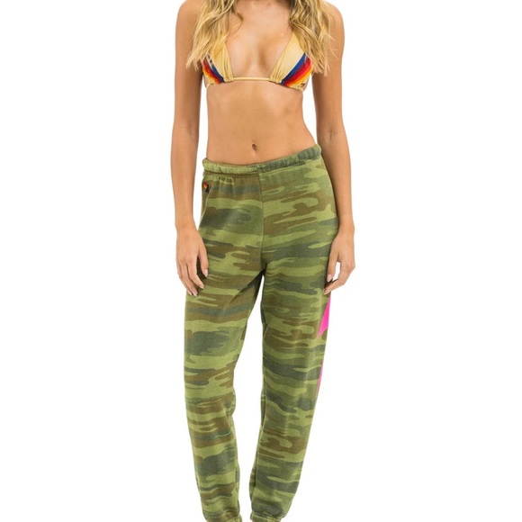 Aviator Nation Green Camo Joggers with Pink Lightning Bolt - NWOT - Picture 2 of 4